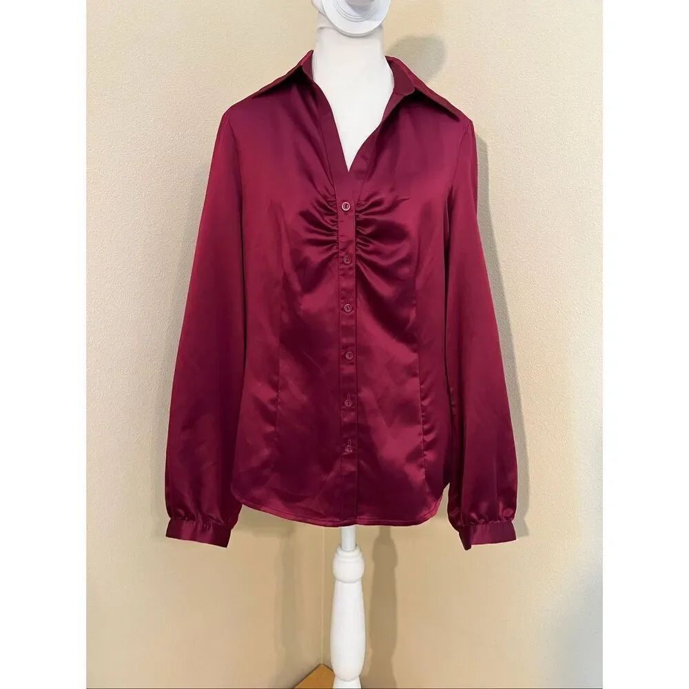 Worthington Burgundy Red Ruched Button Front Long Sleeve Satin Blouse Size 6